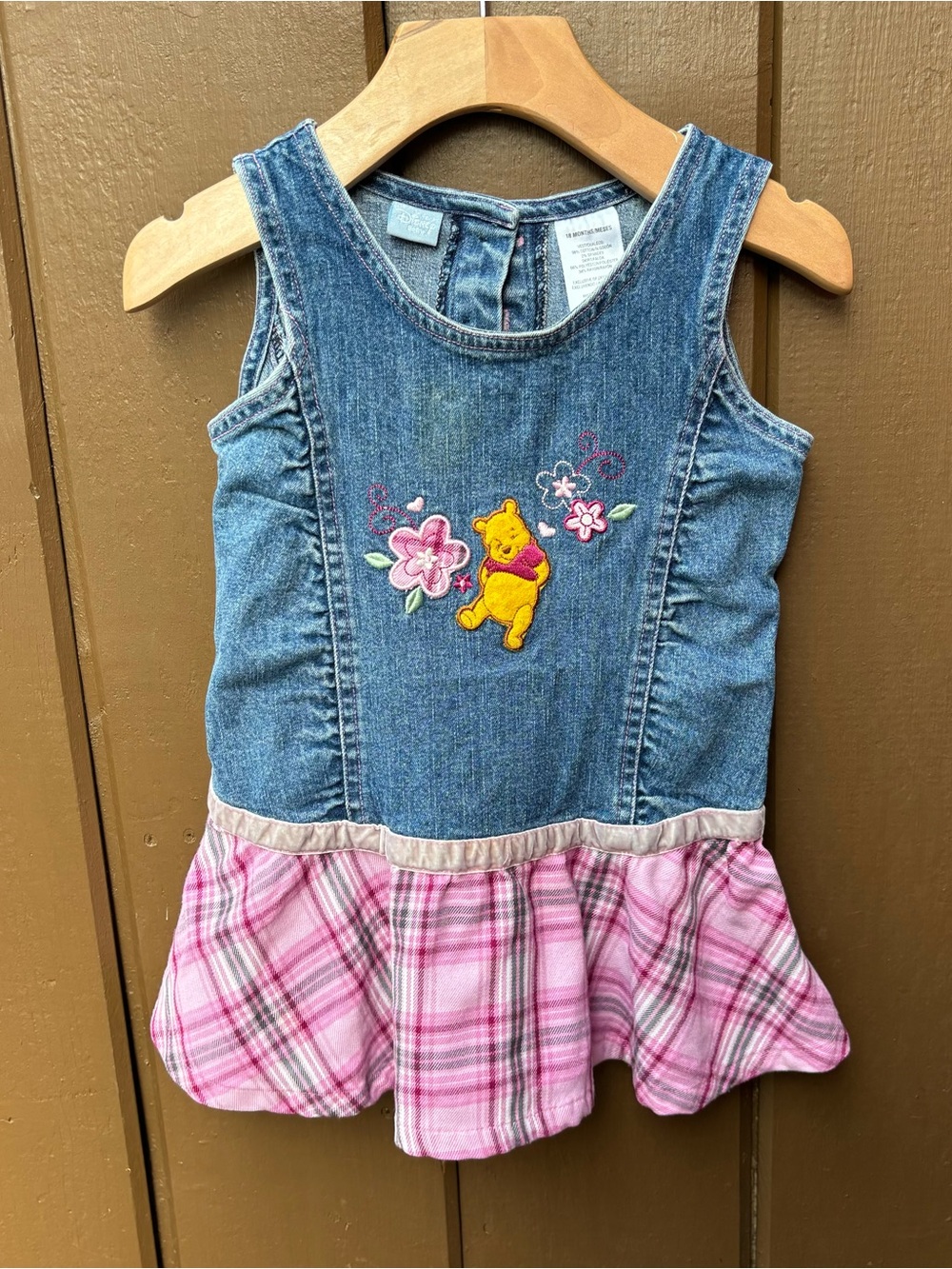 Winnie The Pooh Denim Blue Pink Plaid Dress 18 Months Disney Baby Y2K Vintage